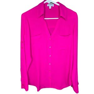 Express Women’s Portofino Shirt Bright Pink V Neck Button Down Pockets  Size M